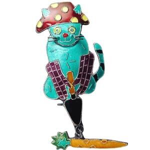 VTG Sterling Silver 925 Zarah 90s Brooch Cat Gardener Carrot Enamel Over Silver